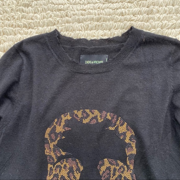 ZADIG & VOLTAIRE black leopard embellished skull Miss Bis cashmere sweater S - Picture 3 of 15
